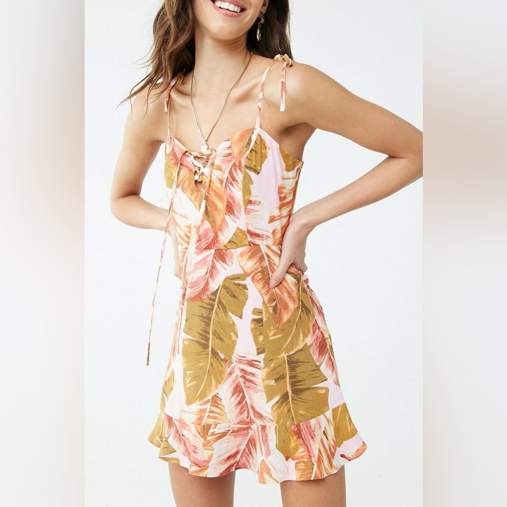 Forever 21 Tropical Leaf Sun Dress. Pink/Multi Size S